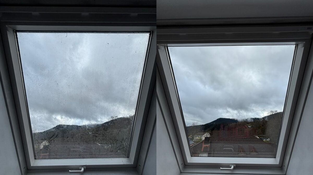 Dachfenster im Vergleich, links vor der Reinigung mit Schmutzfilm, rechts nach der Reinigung klar